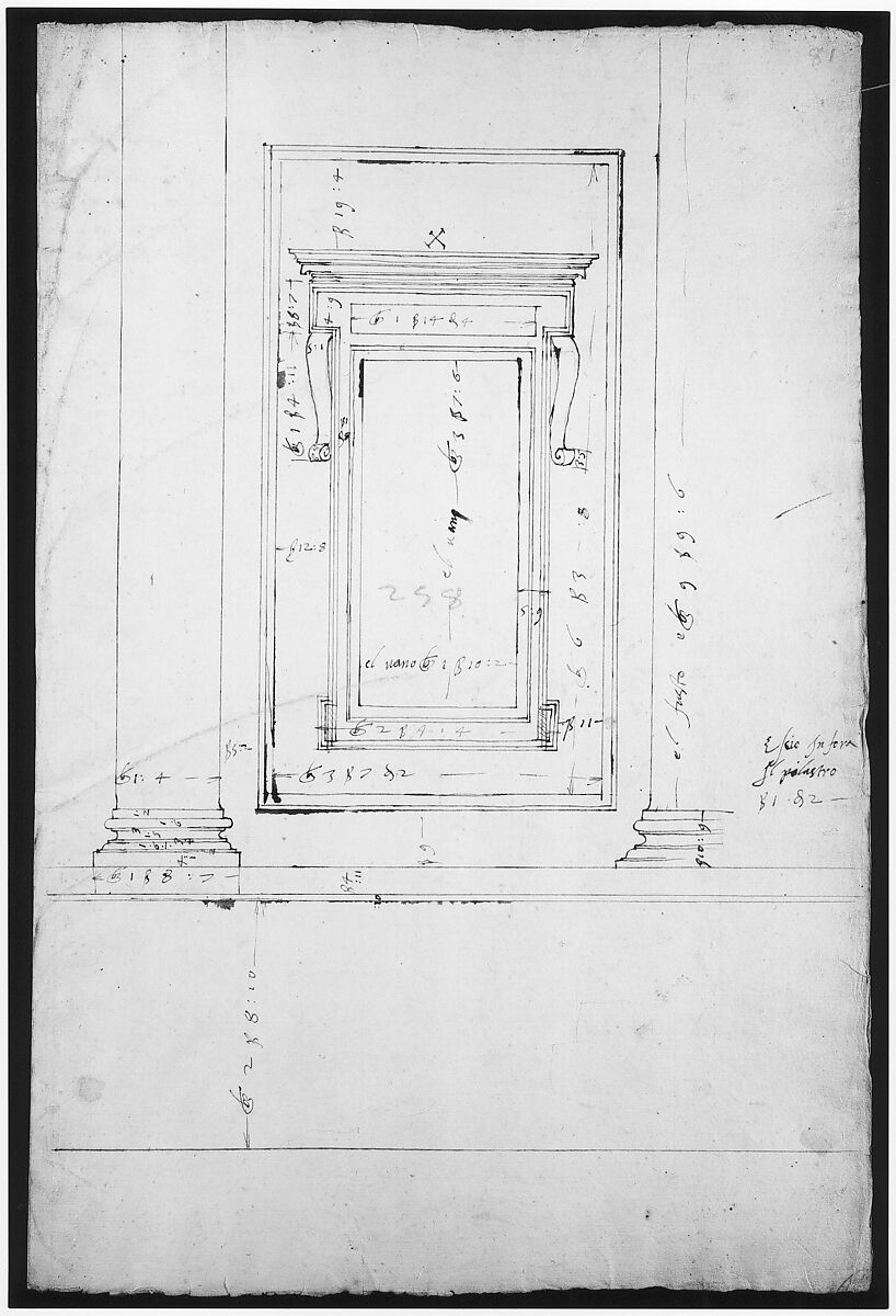 San Lorenzo, Library, window, elevation (recto) San Lorenzo, Library, window, cornice, section; cornice, section (verso), Drawn by Anonymous, French, 16th century, Dark brown ink, black chalk, and incised lines