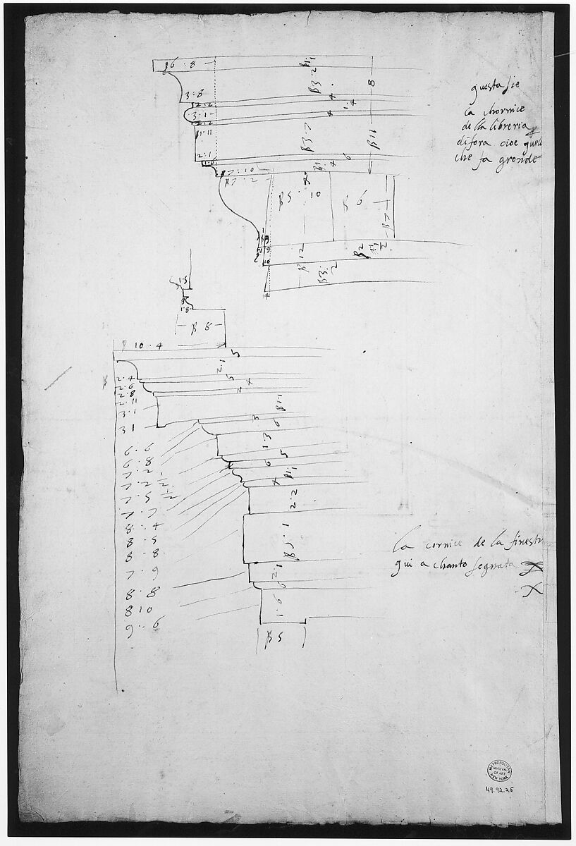 San Lorenzo, Library, window, elevation (recto) San Lorenzo, Library, window, cornice, section; cornice, section (verso), Drawn by Anonymous, French, 16th century, Dark brown ink, black chalk, and incised lines