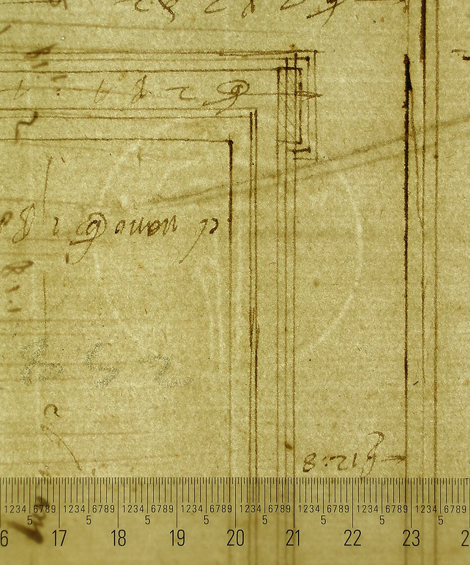 San Lorenzo, Library, window, elevation (recto) San Lorenzo, Library, window, cornice, section; cornice, section (verso), Drawn by Anonymous, French, 16th century, Dark brown ink, black chalk, and incised lines