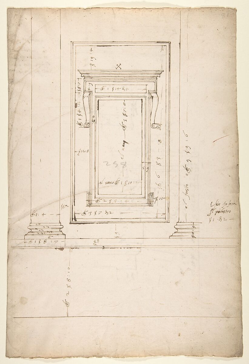 San Lorenzo, Library, window, elevation (recto) San Lorenzo, Library, window, cornice, section; cornice, section (verso), Drawn by Anonymous, French, 16th century, Dark brown ink, black chalk, and incised lines 
