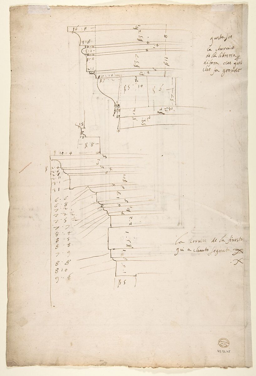 San Lorenzo, Library, window, elevation (recto) San Lorenzo, Library, window, cornice, section; cornice, section (verso), Drawn by Anonymous, French, 16th century, Dark brown ink, black chalk, and incised lines