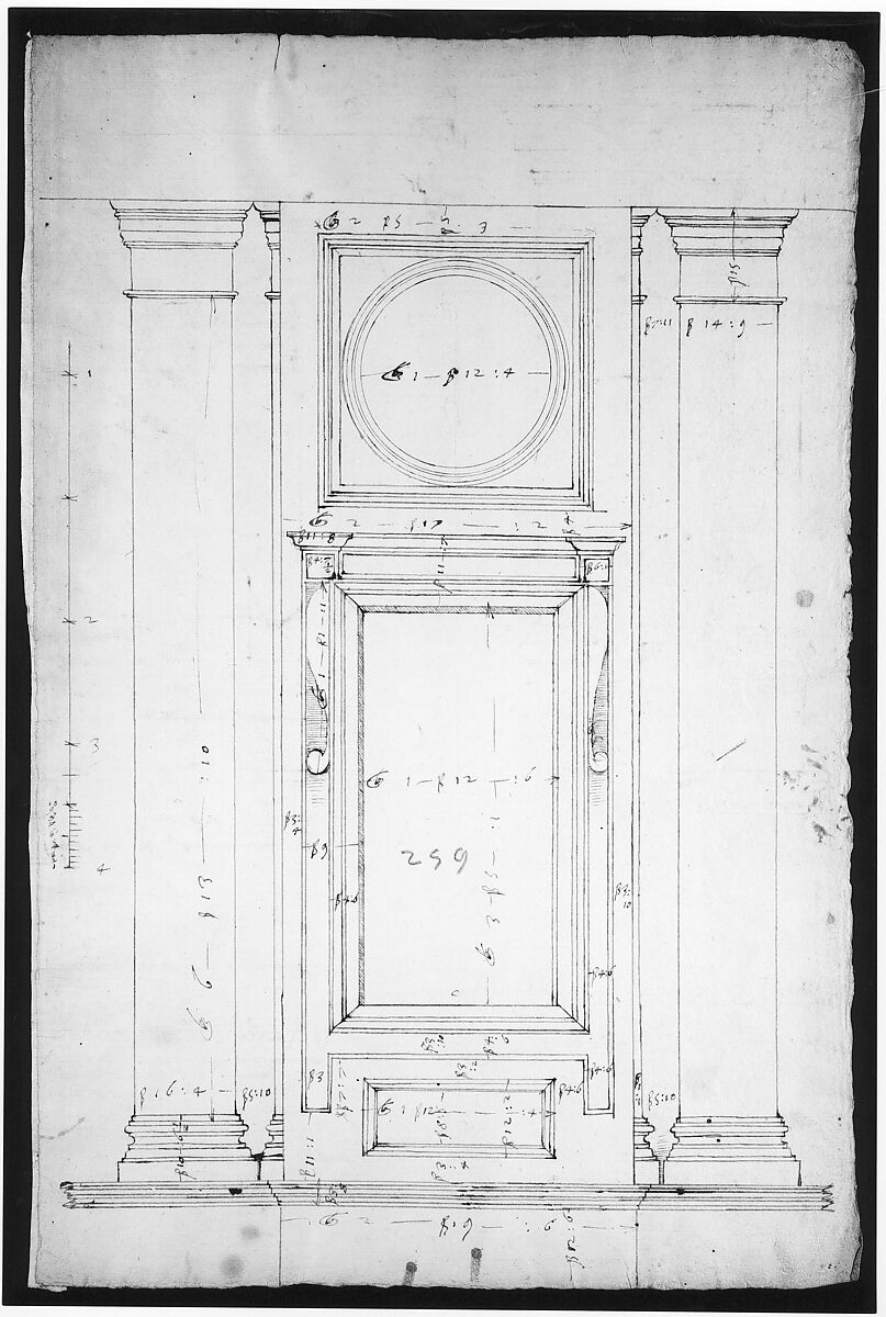 San Lorenzo, Library, Ricetto, window, elevation (recto) San Lorenzo, Library, Ricetto, column, elevation; details, elevation (verso), Drawn by Anonymous, French, 16th century, Dark brown ink, black chalk, and incised lines