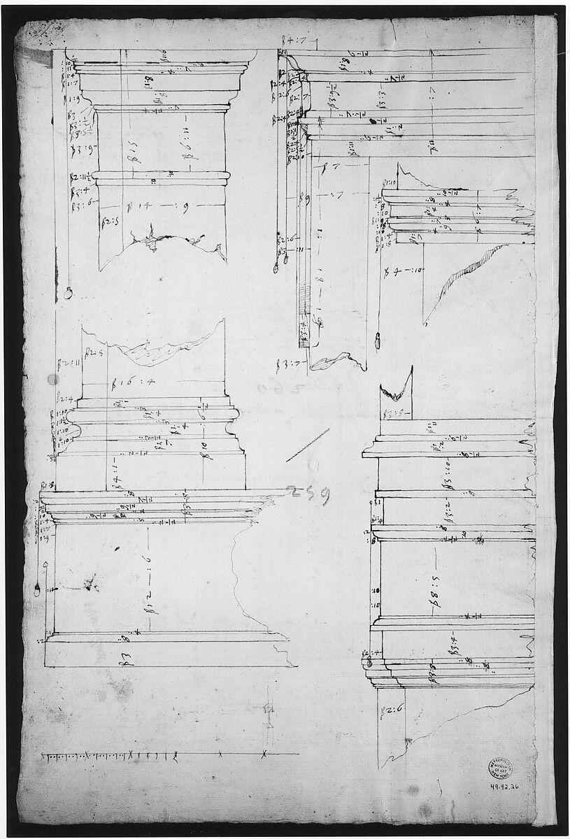 San Lorenzo, Library, Ricetto, window, elevation (recto) San Lorenzo, Library, Ricetto, column, elevation; details, elevation (verso), Drawn by Anonymous, French, 16th century, Dark brown ink, black chalk, and incised lines