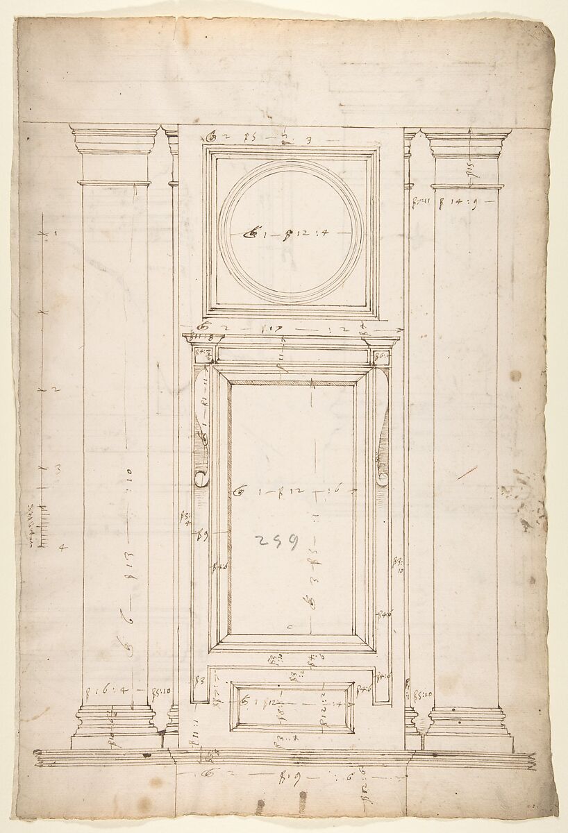 San Lorenzo, Library, Ricetto, window, elevation (recto) San Lorenzo, Library, Ricetto, column, elevation; details, elevation (verso), Drawn by Anonymous, French, 16th century, Dark brown ink, black chalk, and incised lines 
