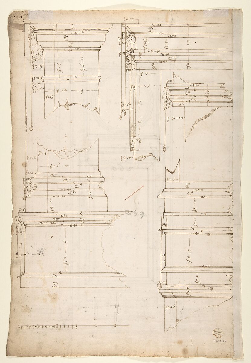 San Lorenzo, Library, Ricetto, window, elevation (recto) San Lorenzo, Library, Ricetto, column, elevation; details, elevation (verso), Drawn by Anonymous, French, 16th century, Dark brown ink, black chalk, and incised lines