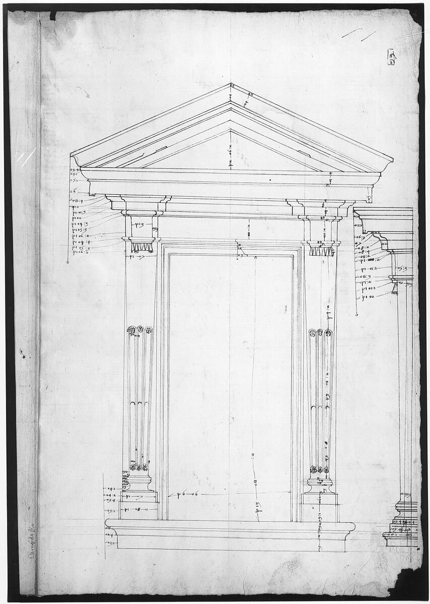 Palazzo dei Conservatori, portico, plan; façade cornice, elevation; minor order, cornice; column, elevation; pedestal, elevation (recto); Palazzo dei Conservatori, portal, elevation; section (verso), Anonymous, French, 16th century, Pen and dark brown ink, black chalk, and incised lines