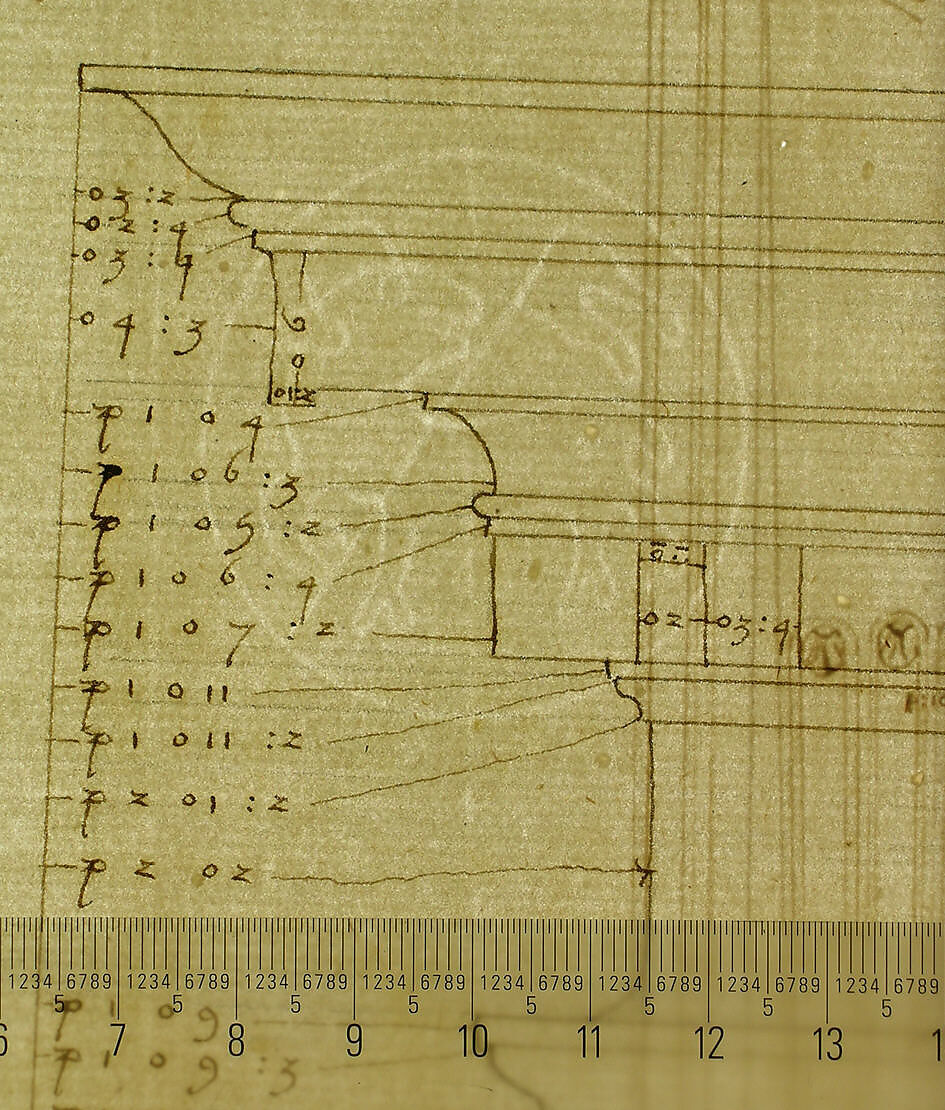 Palazzo dei Conservatori, portico, plan; façade cornice, elevation; minor order, cornice; column, elevation; pedestal, elevation (recto); Palazzo dei Conservatori, portal, elevation; section (verso), Anonymous, French, 16th century, Pen and dark brown ink, black chalk, and incised lines