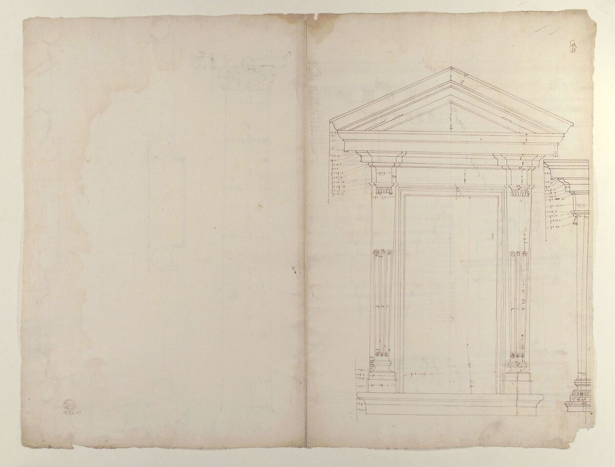 Palazzo dei Conservatori, portico, plan; façade cornice, elevation; minor order, cornice; column, elevation; pedestal, elevation (recto); Palazzo dei Conservatori, portal, elevation; section (verso), Anonymous, French, 16th century, Pen and dark brown ink, black chalk, and incised lines