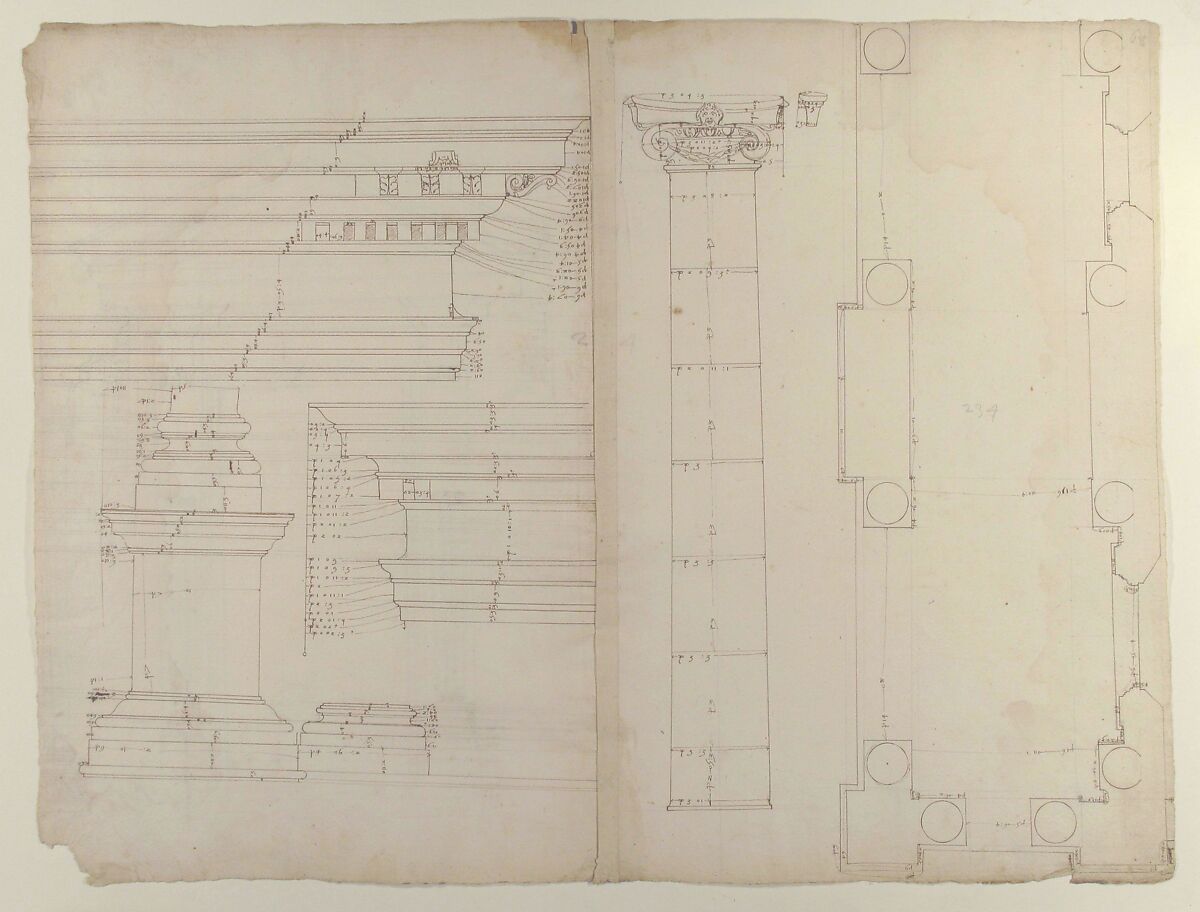 Palazzo dei Conservatori, portico, plan; façade cornice, elevation; minor order, cornice; column, elevation; pedestal, elevation (recto); Palazzo dei Conservatori, portal, elevation; section (verso), Anonymous, French, 16th century, Pen and dark brown ink, black chalk, and incised lines