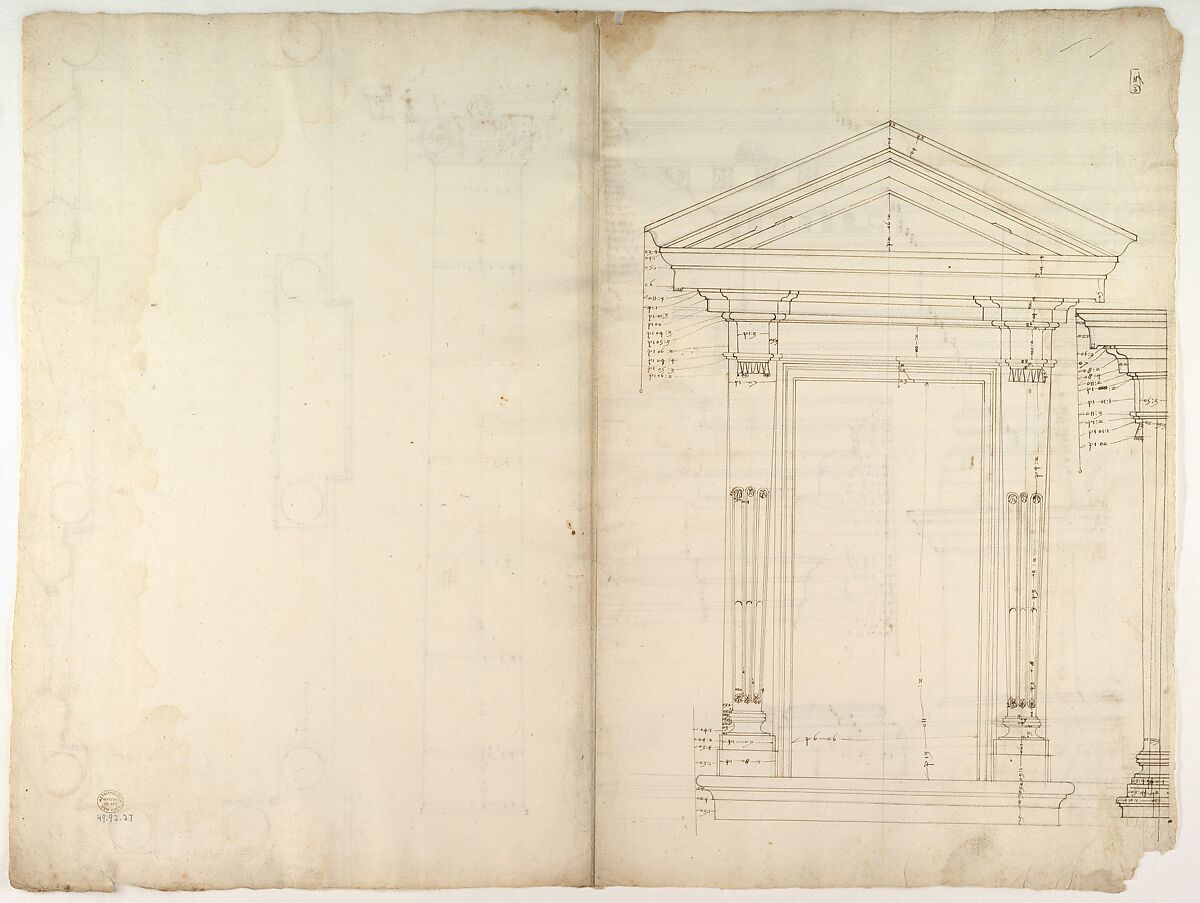 Palazzo dei Conservatori, portico, plan; façade cornice, elevation; minor order, cornice; column, elevation; pedestal, elevation (recto); Palazzo dei Conservatori, portal, elevation; section (verso), Anonymous, French, 16th century, Pen and dark brown ink, black chalk, and incised lines