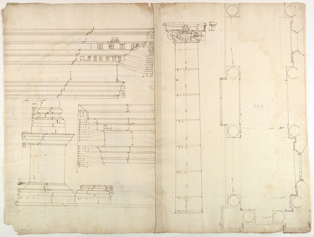 Palazzo dei Conservatori, portico, plan; façade cornice, elevation; minor order, cornice; column, elevation; pedestal, elevation (recto) Palazzo dei Conservatori, portal, elevation; section (verso), Drawn by Anonymous, French, 16th century, Dark brown ink, black chalk, and incised lines 