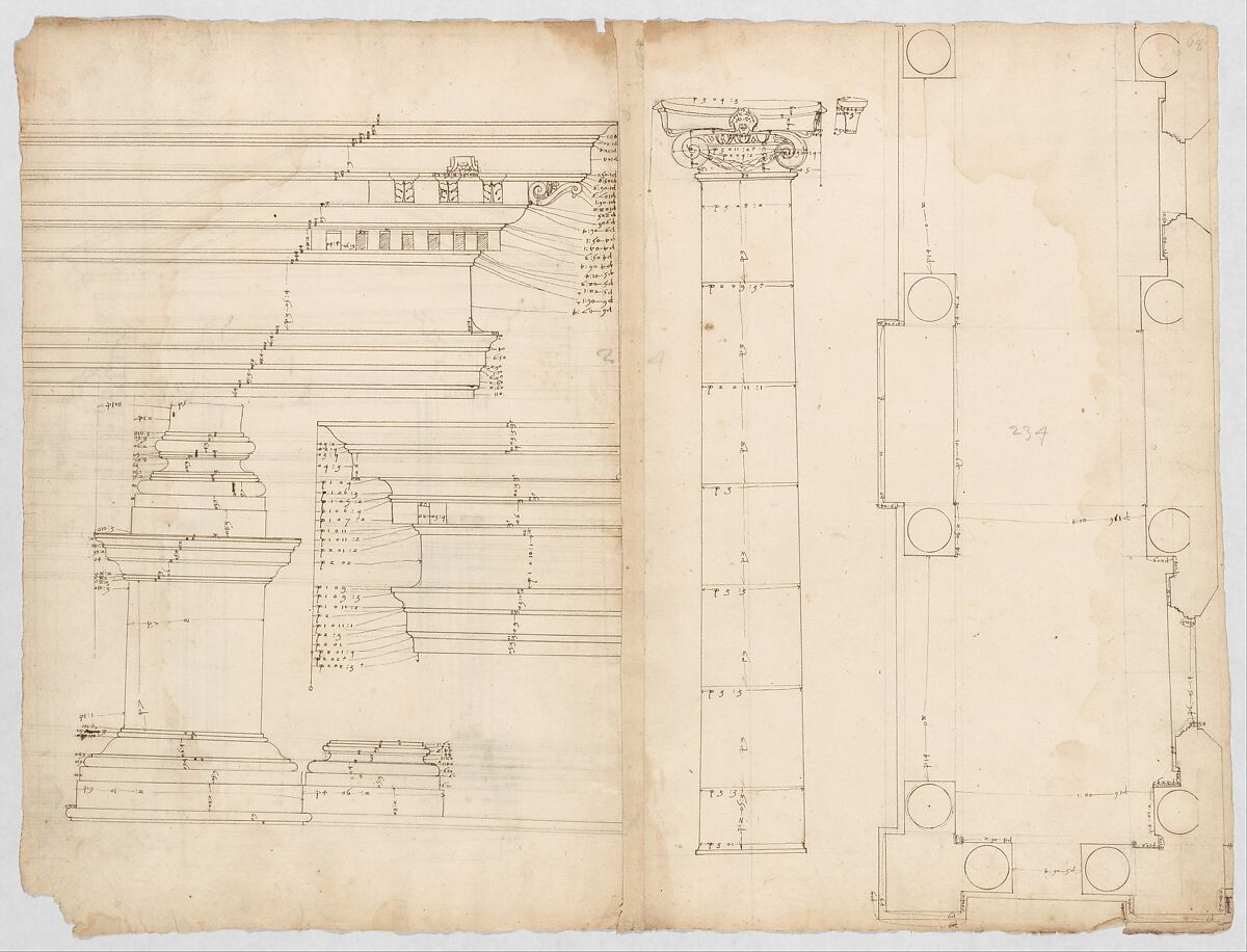 Palazzo dei Conservatori, portico, plan; façade cornice, elevation; minor order, cornice; column, elevation; pedestal, elevation (recto); Palazzo dei Conservatori, portal, elevation; section (verso), Anonymous, French, 16th century, Pen and dark brown ink, black chalk, and incised lines
