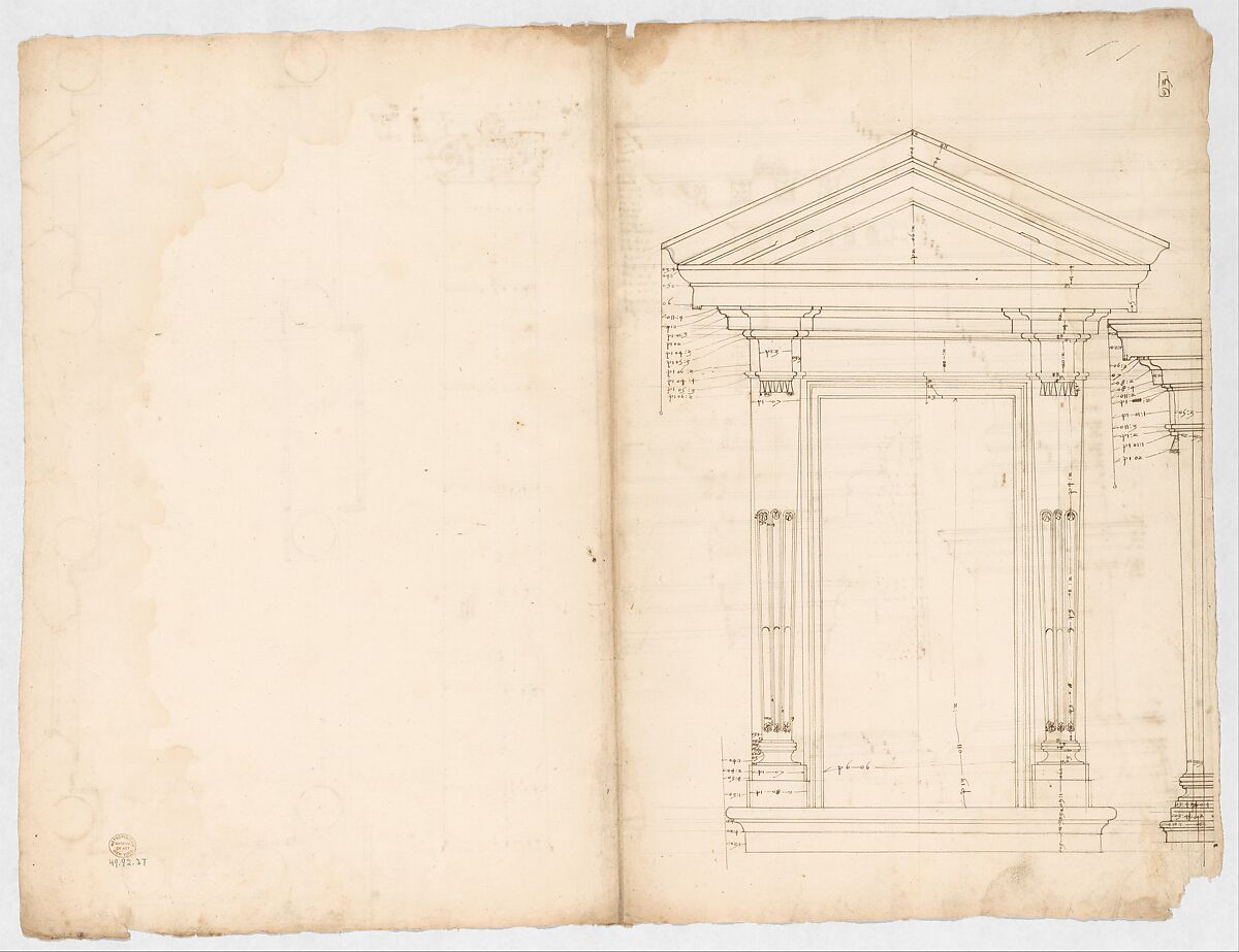 Palazzo dei Conservatori, portico, plan; façade cornice, elevation; minor order, cornice; column, elevation; pedestal, elevation (recto); Palazzo dei Conservatori, portal, elevation; section (verso), Anonymous, French, 16th century, Pen and dark brown ink, black chalk, and incised lines