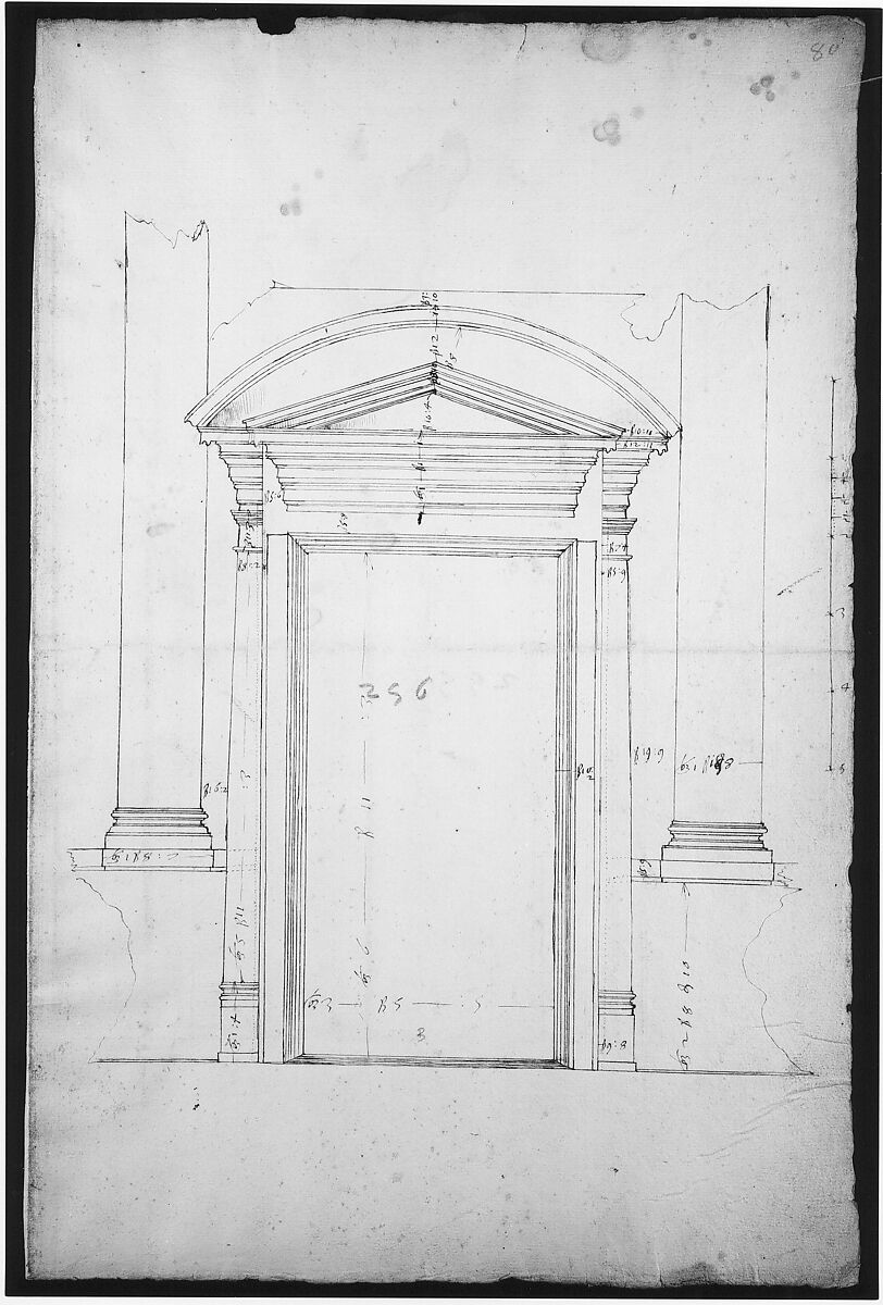 San Lorenzo, Library, entry portal to library, elevation (recto) San Lorenzo, Library, entry portal to library, section; entry portal to library, side elevation (verso), Drawn by Anonymous, French, 16th century, Dark brown ink, black chalk, and incised lines