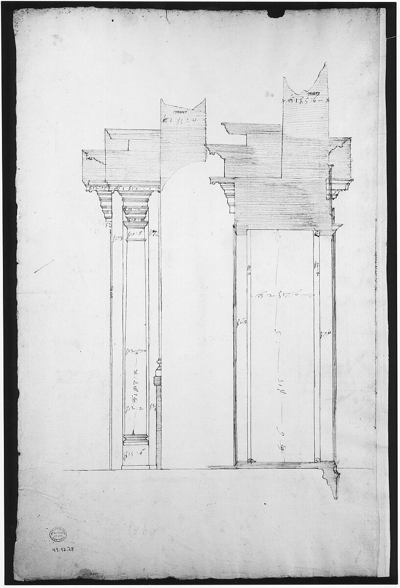 San Lorenzo, Library, entry portal to library, elevation (recto) San Lorenzo, Library, entry portal to library, section; entry portal to library, side elevation (verso), Drawn by Anonymous, French, 16th century, Dark brown ink, black chalk, and incised lines