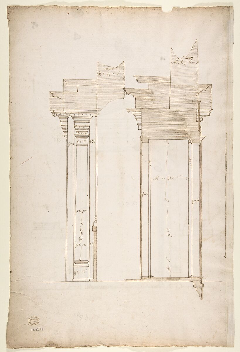 San Lorenzo, Library, entry portal to library, elevation (recto) San Lorenzo, Library, entry portal to library, section; entry portal to library, side elevation (verso), Drawn by Anonymous, French, 16th century, Dark brown ink, black chalk, and incised lines