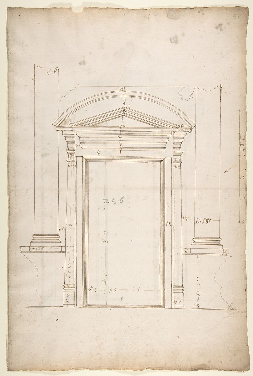 San Lorenzo, Library, entry portal to library, elevation (recto) San Lorenzo, Library, entry portal to library, section; entry portal to library, side elevation (verso), Drawn by Anonymous, French, 16th century, Dark brown ink, black chalk, and incised lines 