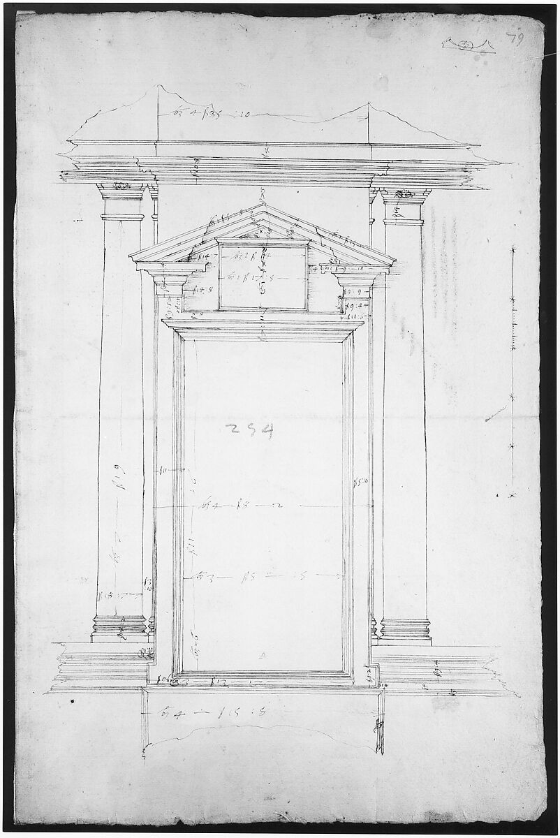 San Lorenzo, Library, Ricetto, entry portal to library, elevation (recto) San Lorenzo, Library, Ricetto, entry portal to library, plan and wall detail (verso), Drawn by Anonymous, French, 16th century, Dark brown ink, black chalk, and incised lines