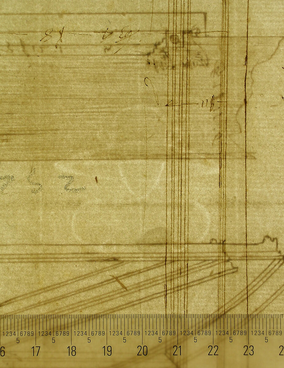 San Lorenzo, Library, Ricetto, entry portal to library, elevation (recto) San Lorenzo, Library, Ricetto, entry portal to library, plan and wall detail (verso), Drawn by Anonymous, French, 16th century, Dark brown ink, black chalk, and incised lines