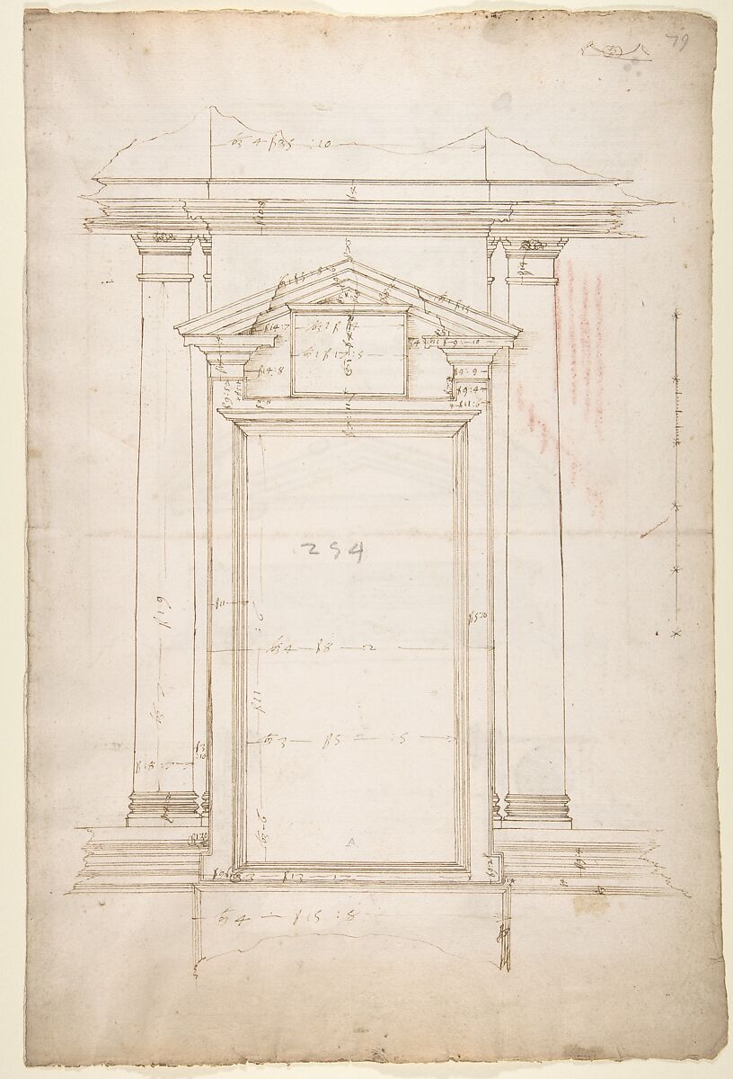 San Lorenzo, Library, Ricetto, entry portal to library, elevation (recto) San Lorenzo, Library, Ricetto, entry portal to library, plan and wall detail (verso), Drawn by Anonymous, French, 16th century, Dark brown ink, black chalk, and incised lines 