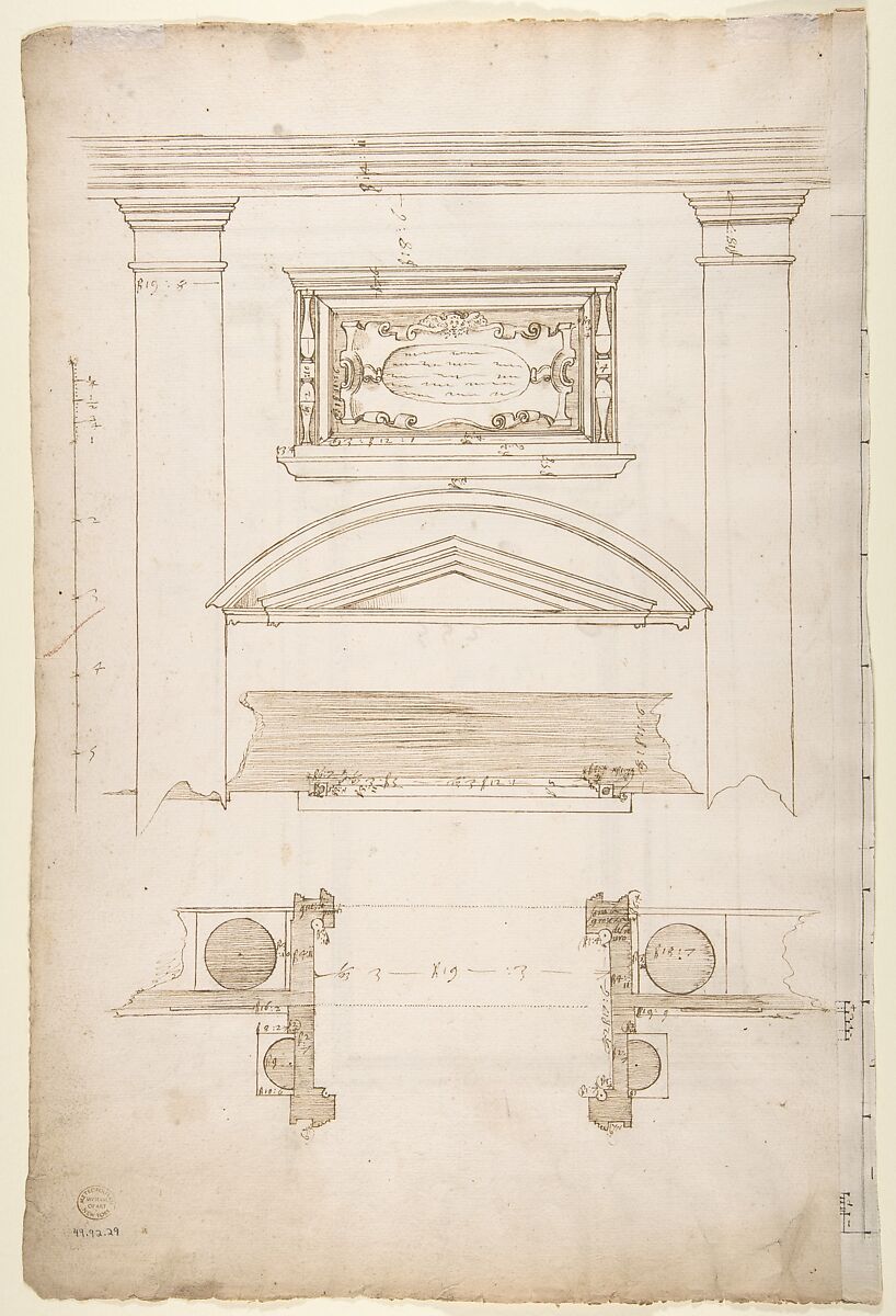 San Lorenzo, Library, Ricetto, entry portal to library, elevation (recto) San Lorenzo, Library, Ricetto, entry portal to library, plan and wall detail (verso), Drawn by Anonymous, French, 16th century, Dark brown ink, black chalk, and incised lines