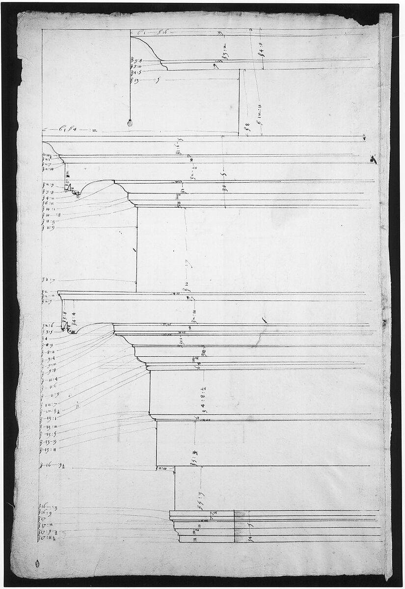 San Lorenzo, Library, Ricetto, entablature, elevation profile (recto) San Lorenzo, Library, Ricetto, column, elevation (verso), Drawn by Anonymous, French, 16th century, Dark brown ink, black chalk, and incised lines