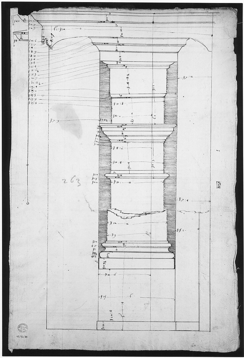 San Lorenzo, Library, Ricetto, entablature, elevation profile (recto) San Lorenzo, Library, Ricetto, column, elevation (verso), Drawn by Anonymous, French, 16th century, Dark brown ink, black chalk, and incised lines