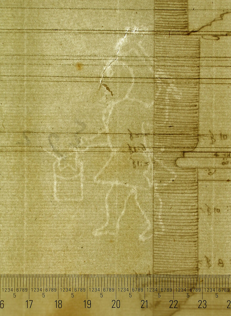 San Lorenzo, Library, Ricetto, entablature, elevation profile (recto) San Lorenzo, Library, Ricetto, column, elevation (verso), Drawn by Anonymous, French, 16th century, Dark brown ink, black chalk, and incised lines