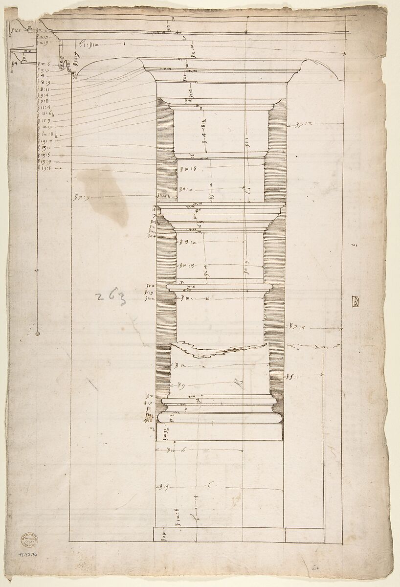San Lorenzo, Library, Ricetto, entablature, elevation profile (recto) San Lorenzo, Library, Ricetto, column, elevation (verso), Drawn by Anonymous, French, 16th century, Dark brown ink, black chalk, and incised lines