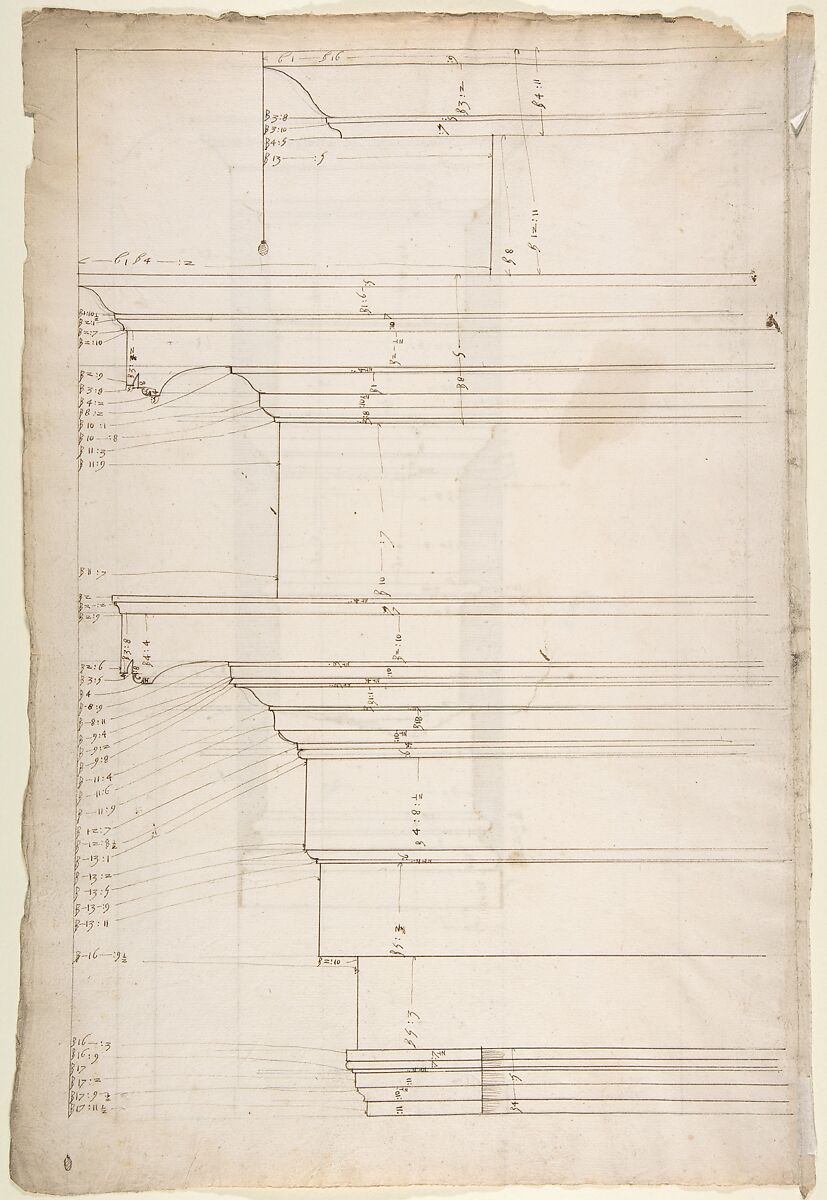 San Lorenzo, Library, Ricetto, entablature, elevation profile (recto) San Lorenzo, Library, Ricetto, column, elevation (verso), Drawn by Anonymous, French, 16th century, Dark brown ink, black chalk, and incised lines 