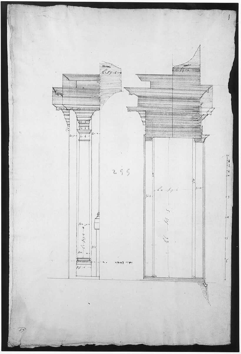 San Lorenzo, Library, portal, section (recto) San Lorenzo, Library, Ricetto, portal, elevation (verso), Drawn by Anonymous, French, 16th century, Dark brown ink, black chalk, and incised lines