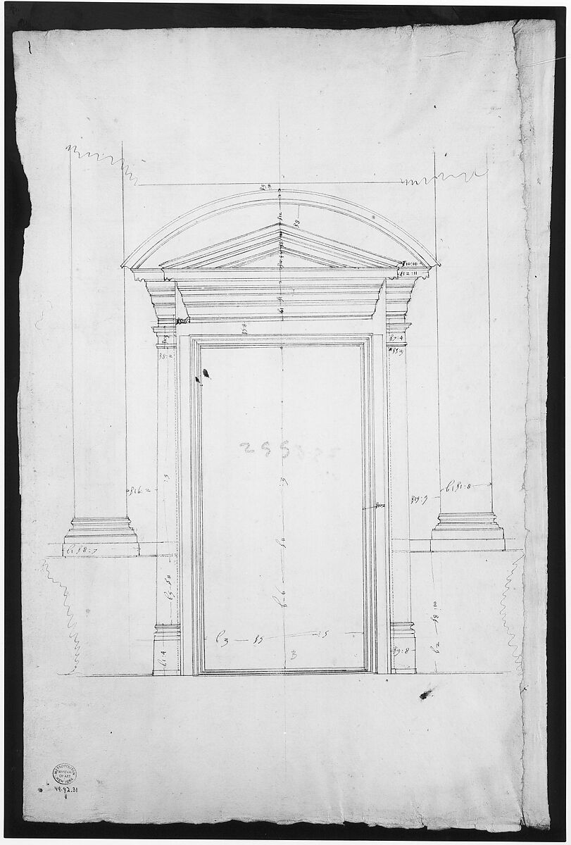 San Lorenzo, Library, portal, section (recto) San Lorenzo, Library, Ricetto, portal, elevation (verso), Drawn by Anonymous, French, 16th century, Dark brown ink, black chalk, and incised lines