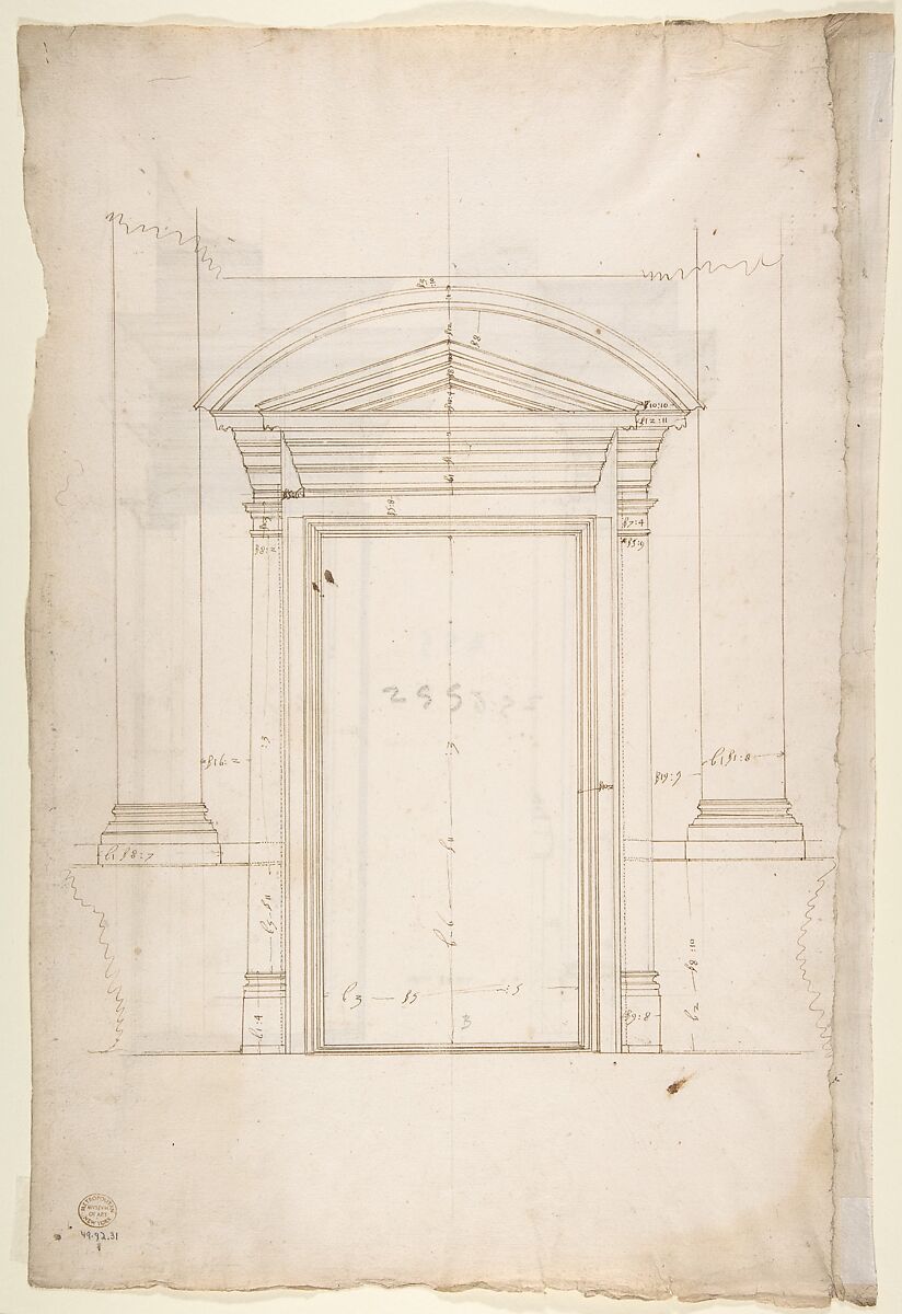 San Lorenzo, Library, portal, section (recto) San Lorenzo, Library, Ricetto, portal, elevation (verso), Drawn by Anonymous, French, 16th century, Dark brown ink, black chalk, and incised lines
