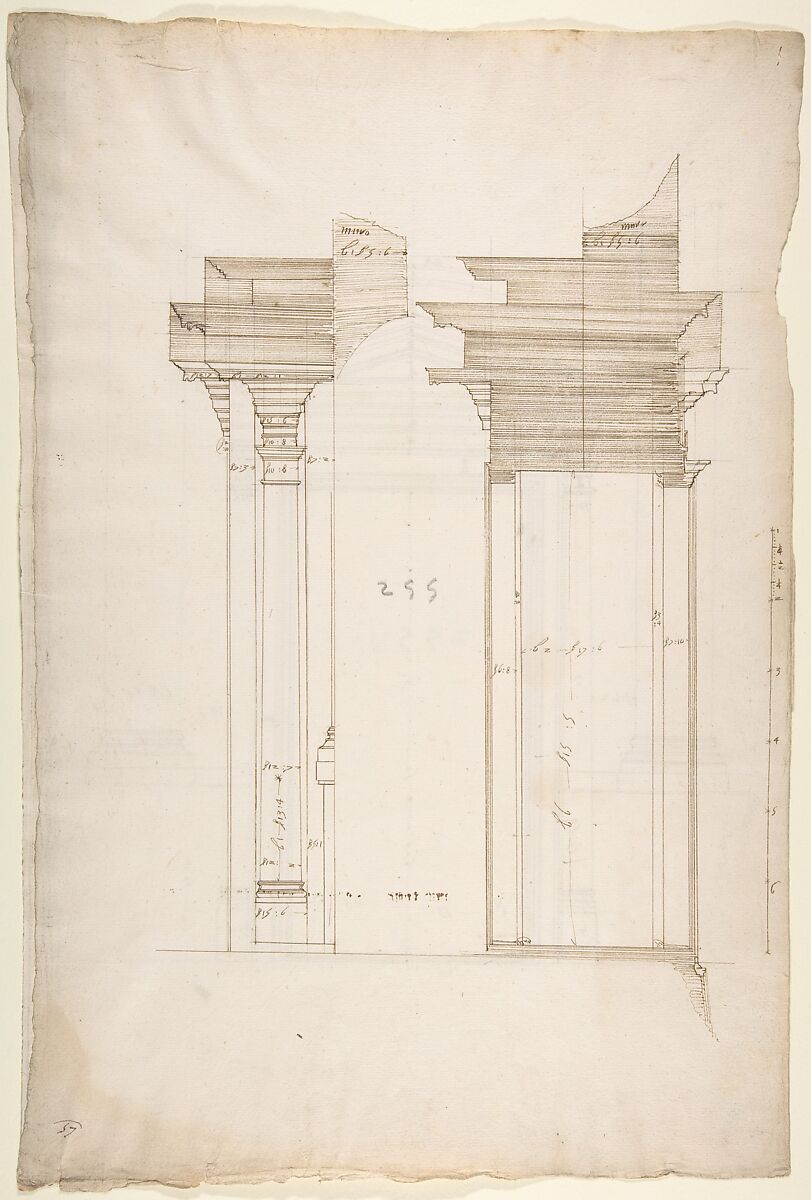 San Lorenzo, Library, portal, section (recto) San Lorenzo, Library, Ricetto, portal, elevation (verso), Drawn by Anonymous, French, 16th century, Dark brown ink, black chalk, and incised lines 