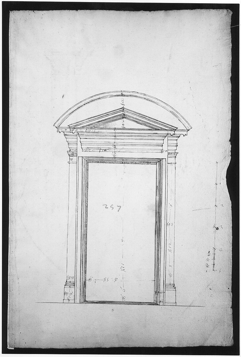 San Lorenzo, Library, Ricetto, entry portal from library, elevation (recto) San Lorenzo, Library, Ricetto, entry portal from library, plan and section (verso), Drawn by Anonymous, French, 16th century, Dark brown ink, black chalk, and incised lines