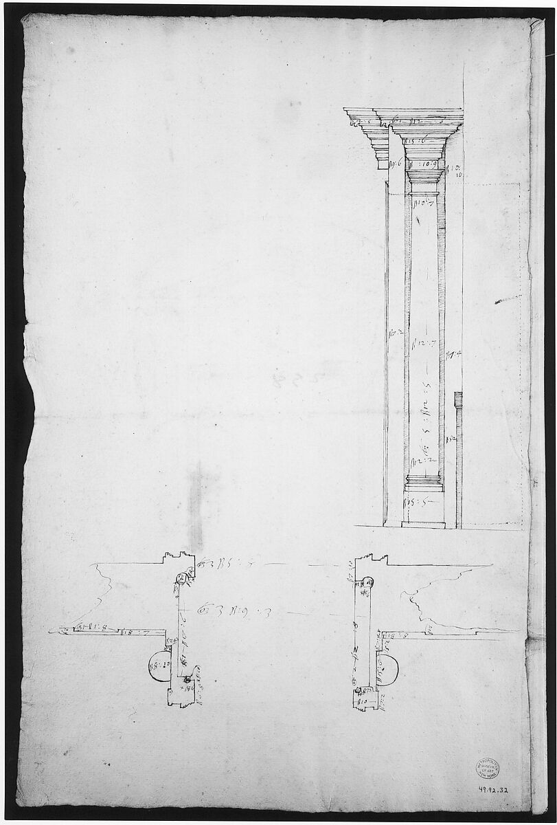San Lorenzo, Library, Ricetto, entry portal from library, elevation (recto) San Lorenzo, Library, Ricetto, entry portal from library, plan and section (verso), Drawn by Anonymous, French, 16th century, Dark brown ink, black chalk, and incised lines