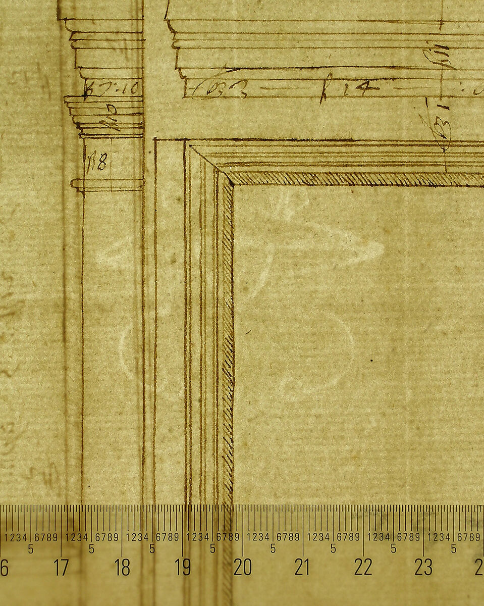 San Lorenzo, Library, Ricetto, entry portal from library, elevation (recto) San Lorenzo, Library, Ricetto, entry portal from library, plan and section (verso), Drawn by Anonymous, French, 16th century, Dark brown ink, black chalk, and incised lines