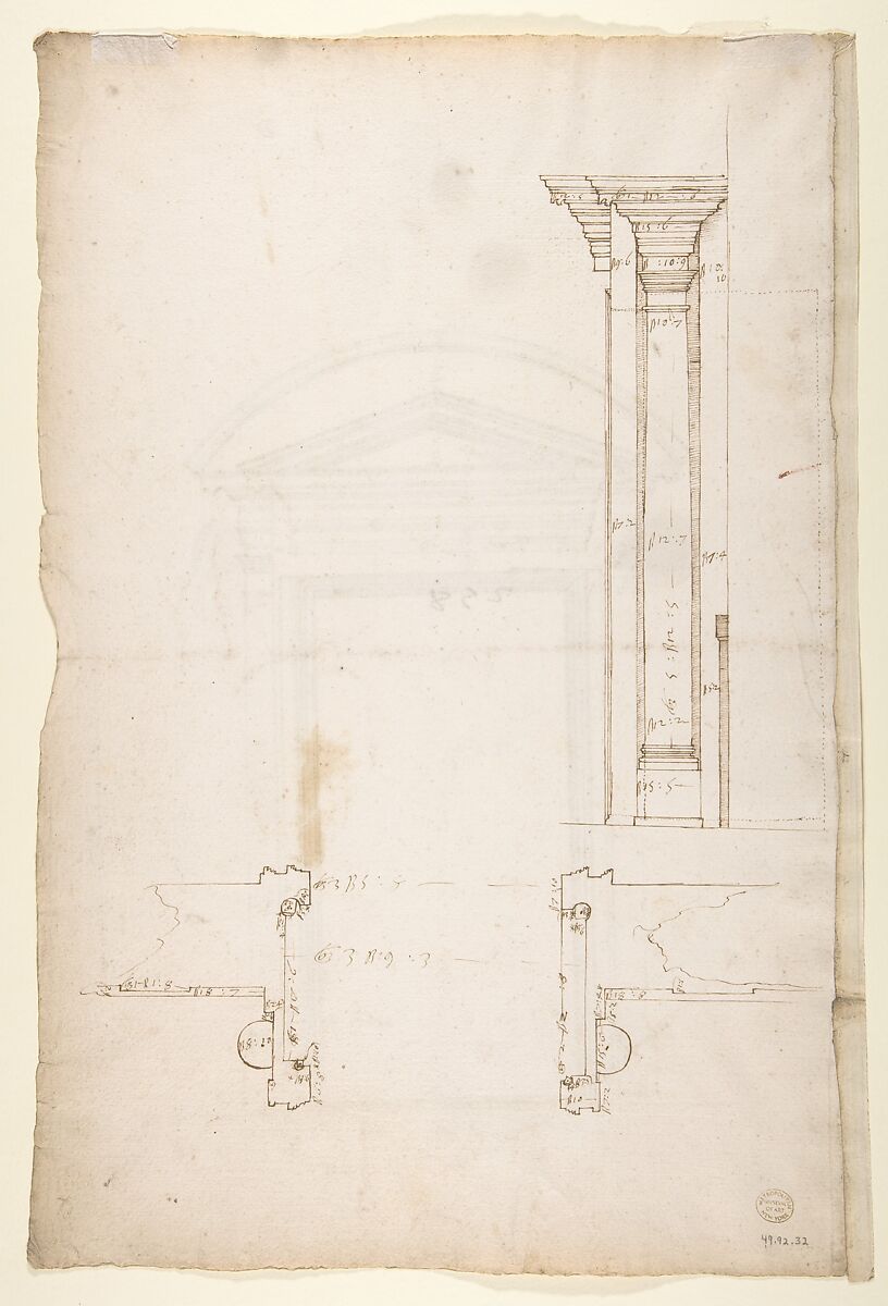 San Lorenzo, Library, Ricetto, entry portal from library, elevation (recto) San Lorenzo, Library, Ricetto, entry portal from library, plan and section (verso), Drawn by Anonymous, French, 16th century, Dark brown ink, black chalk, and incised lines