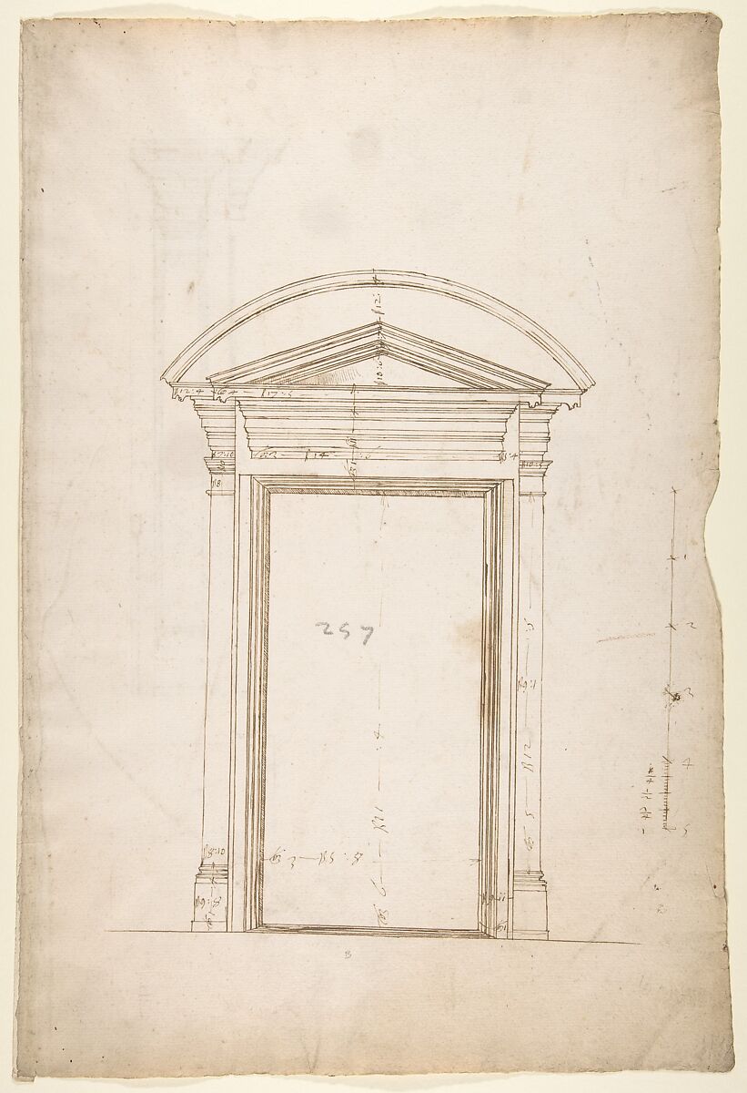 San Lorenzo, Library, Ricetto, entry portal from library, elevation (recto) San Lorenzo, Library, Ricetto, entry portal from library, plan and section (verso), Drawn by Anonymous, French, 16th century, Dark brown ink, black chalk, and incised lines 