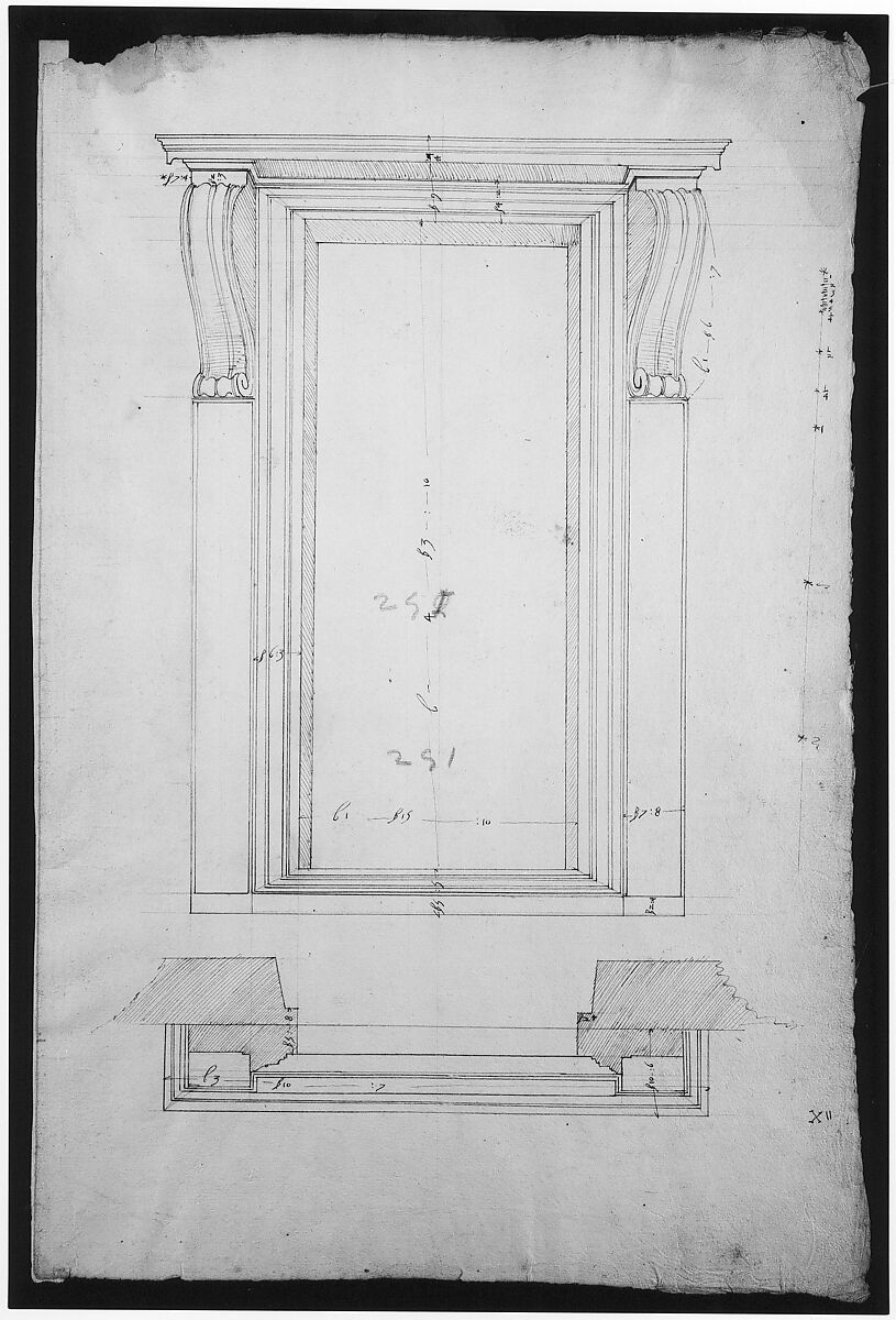 San Lorenzo, New Sacristy, portal, plan; elevation (recto) San Lorenzo, New Sacristy, portal, details (verso), Drawn by Anonymous, French, 16th century, Dark brown ink, black chalk, and incised lines