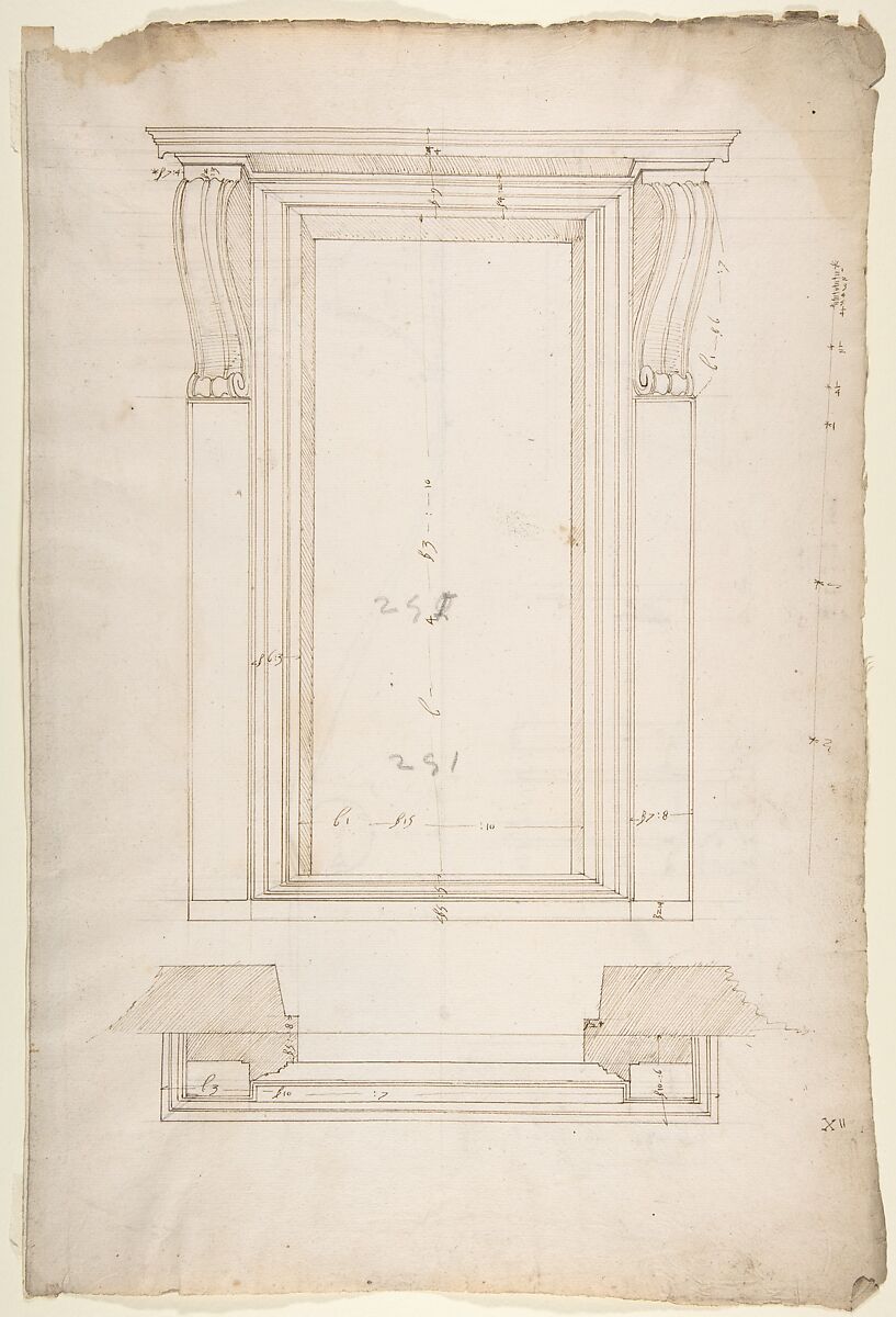 San Lorenzo, New Sacristy, portal, plan; elevation (recto) San Lorenzo, New Sacristy, portal, details (verso), Drawn by Anonymous, French, 16th century, Dark brown ink, black chalk, and incised lines 