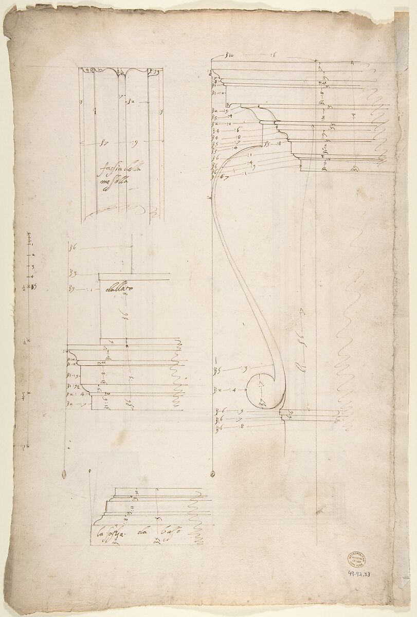 San Lorenzo, New Sacristy, portal, plan; elevation (recto) San Lorenzo, New Sacristy, portal, details (verso), Drawn by Anonymous, French, 16th century, Dark brown ink, black chalk, and incised lines