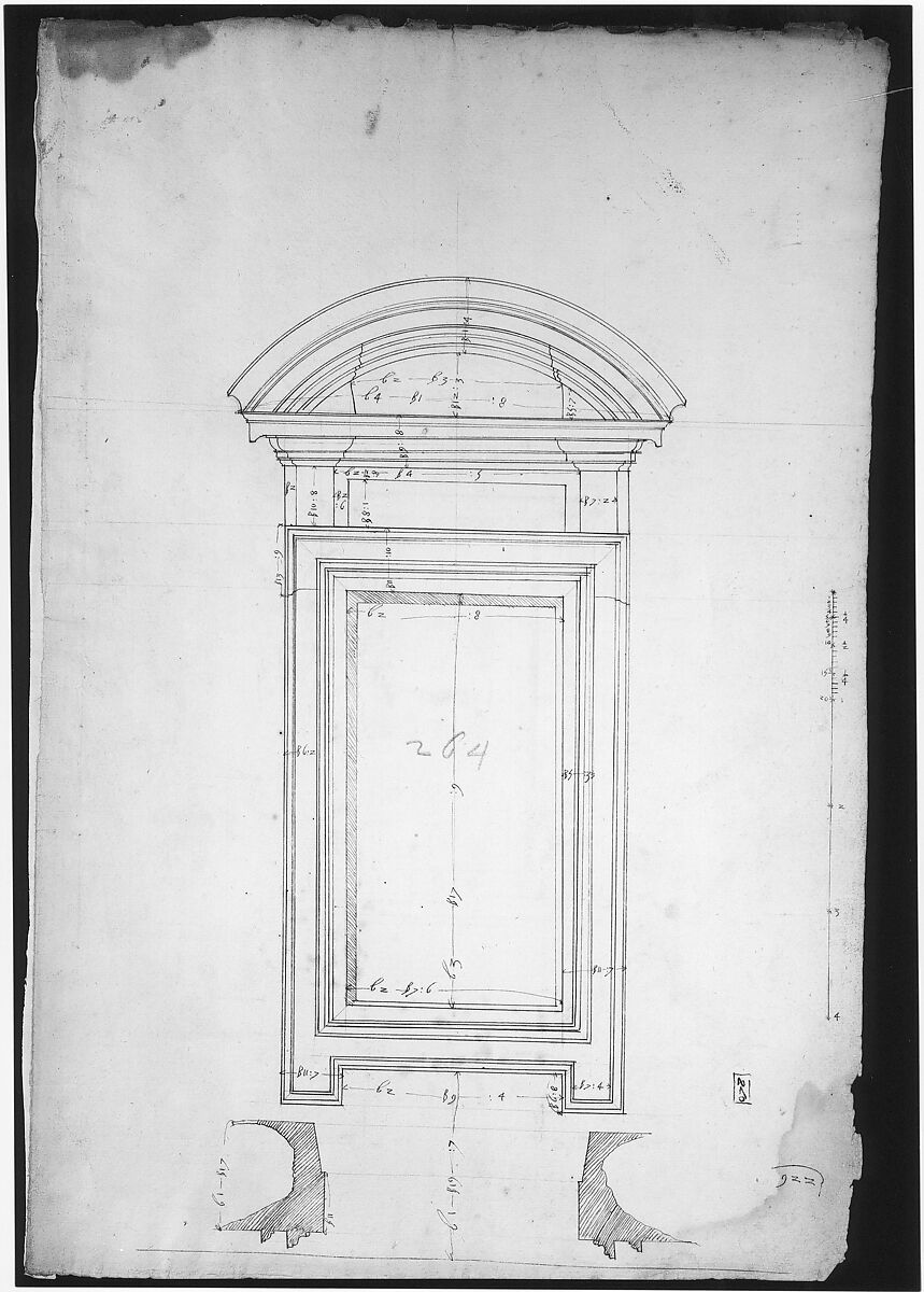 San Lorenzo, New Sacristy, window, plan; elevation (recto) San Lorenzo, New Sacristy, window, plan; elevation (verso), Drawn by Anonymous, French, 16th century, Dark brown ink, black chalk, and incised lines