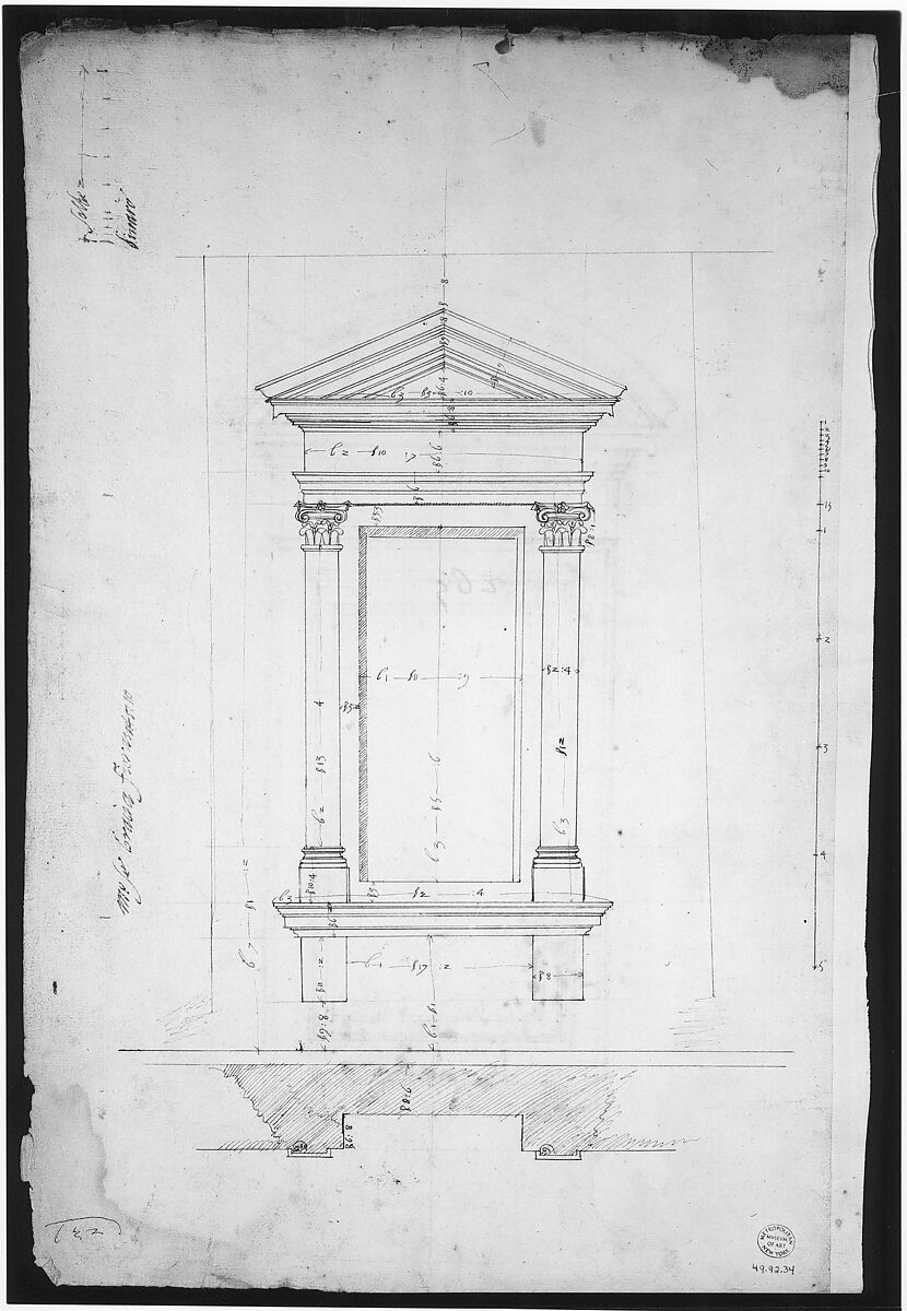 San Lorenzo, New Sacristy, window, plan; elevation (recto) San Lorenzo, New Sacristy, window, plan; elevation (verso), Drawn by Anonymous, French, 16th century, Dark brown ink, black chalk, and incised lines
