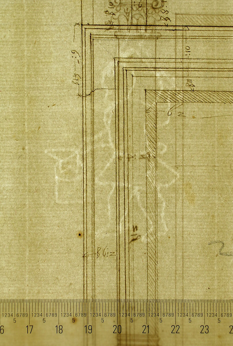 San Lorenzo, New Sacristy, window, plan; elevation (recto) San Lorenzo, New Sacristy, window, plan; elevation (verso), Drawn by Anonymous, French, 16th century, Dark brown ink, black chalk, and incised lines
