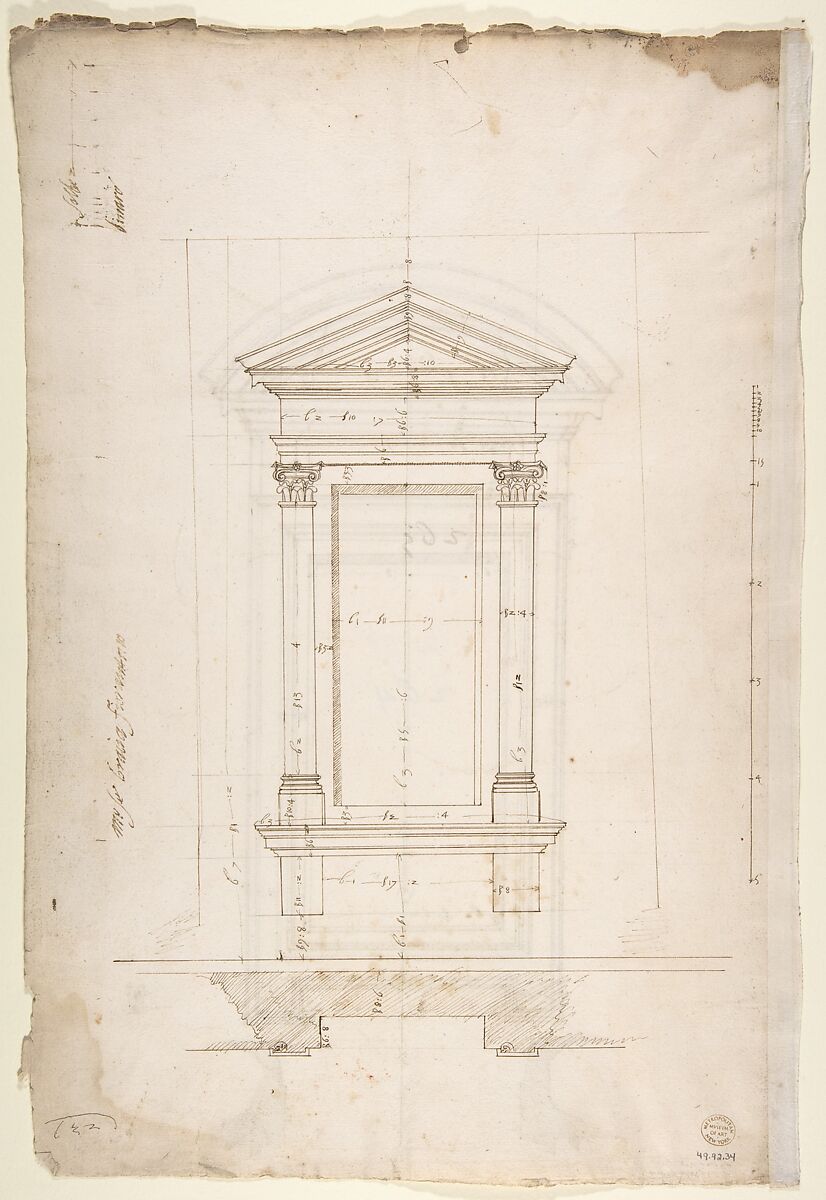 San Lorenzo, New Sacristy, window, plan; elevation (recto) San Lorenzo, New Sacristy, window, plan; elevation (verso), Drawn by Anonymous, French, 16th century, Dark brown ink, black chalk, and incised lines
