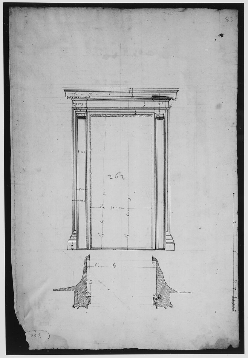 San Lorenzo, Library, Ricetto, portal from cloister, elevation; plan (recto) San Lorenzo, Library, Ricetto, portal from cloister, section; details (verso), Drawn by Anonymous, French, 16th century, Dark brown ink, black chalk, and incised lines