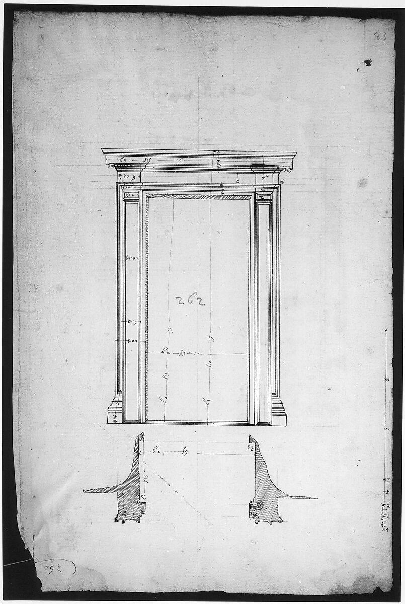 San Lorenzo, Library, Ricetto, portal from cloister, elevation; plan (recto) San Lorenzo, Library, Ricetto, portal from cloister, section; details (verso), Drawn by Anonymous, French, 16th century, Dark brown ink, black chalk, and incised lines