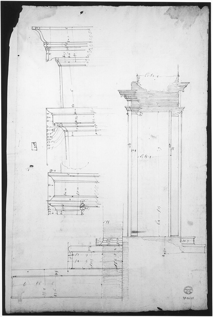 San Lorenzo, Library, Ricetto, portal from cloister, elevation; plan (recto) San Lorenzo, Library, Ricetto, portal from cloister, section; details (verso), Drawn by Anonymous, French, 16th century, Dark brown ink, black chalk, and incised lines
