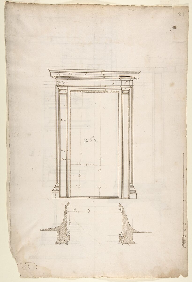 San Lorenzo, Library, Ricetto, portal from cloister, elevation; plan (recto) San Lorenzo, Library, Ricetto, portal from cloister, section; details (verso), Drawn by Anonymous, French, 16th century, Dark brown ink, black chalk, and incised lines 